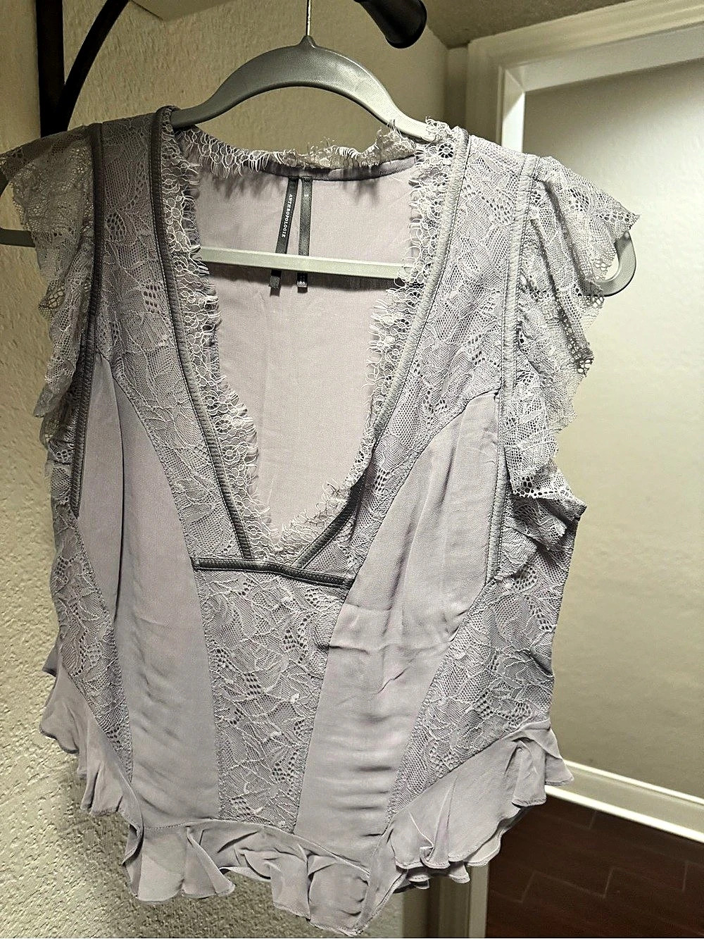 Anthropologie By Anthropologie Mixed Lace Top Lace Ruffle Blouse Gray Small